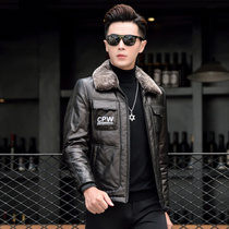 Haining Fashion Leather Jacket Male Leather Short Sheep Feather Costume Printed Coat