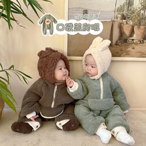 Baby 3-12 months plus velvet thickened jumpsuit winter sweater super cute cute winter ha clothes out to carry clothes