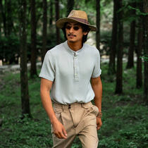 SOARIN Inglen Retro Short Sleeve Polo Shirt Male Plaid Summer Thin style Casual Workout Zhongshan collar T-shirt