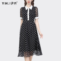 Retro Wave Point Snowspun Dress Short Sleeves Expats Slim Temperament Polo Collar long Shirt Skirt 2022 Summer New