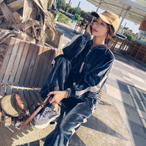 Hong Kong leisure sports suit womens spring and autumn new velvet color long sleeve gold Velvet fashion two-piece set women