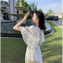White lace embroidery dress female 2021 summer flared sleeve holiday beach skirt Fairy waist long dress super fairy