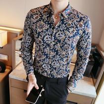 Flower shirt men long sleeve Korean version of self-cultivation trend floral casual shirt mens Hong Kong style social retro handsome inch shirt