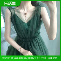 Super Fairy Dress 2023 Summer New Sensin V - collar Sweet French Sexy Little Green Web Dress
