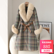 Fox fur collar fur coat women 2022 new duck down liner fashion tweed mid-length wool coat
