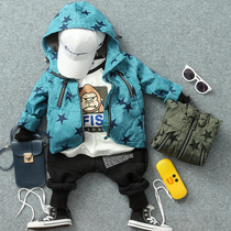 Childrens winter jacket boys five-pointed star double zipper pocket hooded plus velvet jacket baby warm coat tide