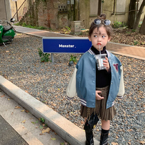 Children clip cotton baseball uniform round collar jacket 21 autumn and winter Korean version male and female child splicing neutral leather jacket kshirt foreign air