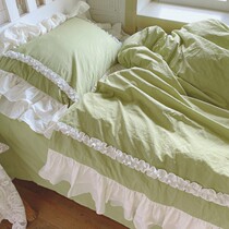 South Korean Forest Green-Green All Cotton Fresh Soft Washed Cotton Four Sets Fairy Lotus Leaf Lace Pure Cotton Bed Bedding