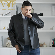 Playboy VIP leather middle-aged fat leather mens fat plus size loose autumn suit leather jacket