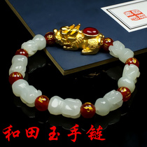 Natural genuine Hetian jade green and white jade Buddha hand bracelet for men and women jade hand string sand Gold Pixiu jade bracelet