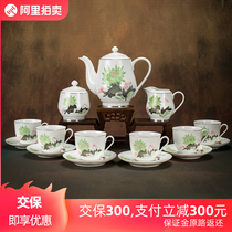 Heavy collection of 70-80 s porcelain Hongjiang ball mud pure hand-painted green chrysanthemum tea set teapot tea cup tea cup