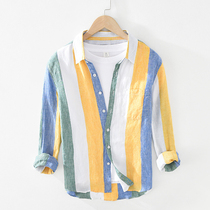 Summer New Long Sleeve Striped Shirt Mens Collage Casual Linen Clothes Original Juku Wind Trendy Cotton Linen Shirt