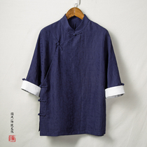 Chinese style mens T-shirt Chinese style seven-point sleeve Hanfu large size cotton linen disc buckle retro Zen tea jacket Spring Spring