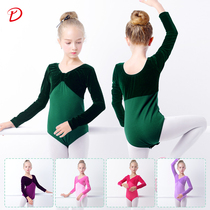 Childrens dance clothing womens summer long sleeve body ballet practice Chinese dance dance clothes golden velvet jumpsuit