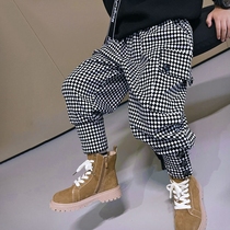 Net Red Fried Street Pants Boy Plaid Casual Pants Spring Autumn Winter Clothing Children Foreign Air Work Pants CUHK Tong Han Prints