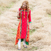 New Indian Thai national windy dress 7 Sub-sleeves Long silk Silk Printed Comfort Breathable 2 Color In