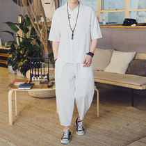Chinese style linen short sleeve T-shirt suit mens summer new ancient style Hanfu half sleeve jacket Tang suit two-piece set
