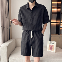 Net Red Fried Street Two Sets Mens Summer Menswear Suit Superior Short Sleeve Shirt Shorts Thin set of matching handsome