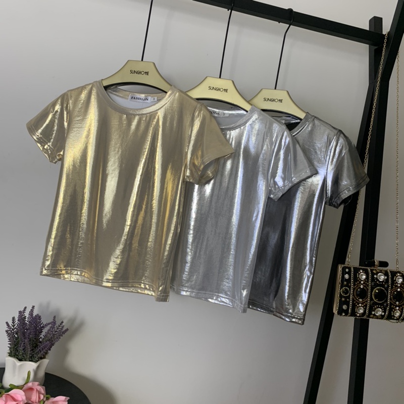 2025 New Women's Round-Neck Shiny Short-Sleeve Top, Loose and Slimming Base Shirt, T-Shirt, Student Style, Short Design