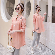Pregnant womens spring and autumn suits medium and long fashion spring loose professional shirt stripes pregnancy clothes spring and autumn