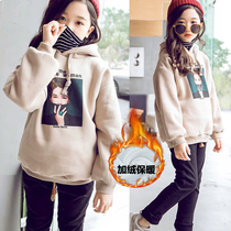 Sweater girls trendy ins middle and big children 2022 new autumn clothes Korean style foreign style thickened plus velvet loose short top
