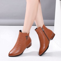 Small Heel Short Boots Woman Genuine Leather Big Code Single Boots 40-43 Cotton Shoes Woman 2022 New winter rough with 100 hitch Martin boots