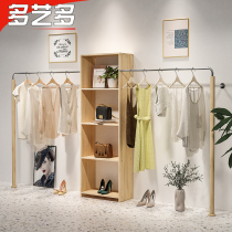 Womens Clothing Shop Upper Wall Hung Hanger Clothing Leaning Against Wall Display Wood Shelving Wood Shelving Stainless Steel Wire Drawing Silver Display Shelf