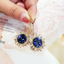 European and American temperament sunflower earrings female personality light luxury blue crystal ear buckle long Fashion Net red earrings earrings tide