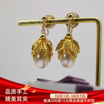 Retro palace flower silk studded with large pearl ear clip CC decorated with 925 silver plated 24k gold without earslats