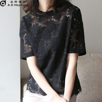 Lace blouses women short sleeves Summer 2021 new short models Korean version black hollowed-out big code fat mm foreign air small shirt thin