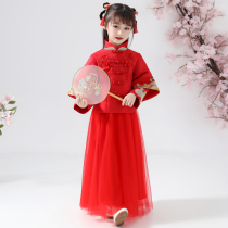 Children Cheongsam Girls Hanfu 2019 Autumn long sleeve Tang dress New Years dress Ancient costume Chinese style Red New Years dress