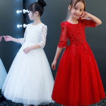 Childrens summer princess dress Girls puffy dress Dress long yarn dress red primary and secondary school performance dress white