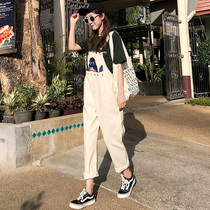 Net red bib pants womens 2021 new spring and summer Korean version loose thin retro port taste denim straight pants tide