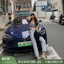 deessesicile trendy fried street light blue small straight cylinder pants loose with high waist jeans Old daddy pants women pants