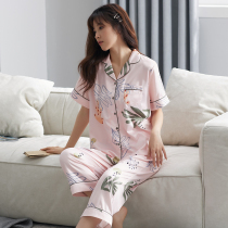 Fenten 2021 new pajamas womens short sleeve trousers summer Simulation Ice Silk thin casual home wear two-piece set
