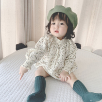 ins21 Spring and Autumn New Korean version of baby flower half high collar long sleeve one-piece dress baby triangle bag fart climb suit