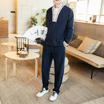 Spring and Autumn new linen T-shirt two-piece youth Chinese style stand neck long sleeve shirt mens cotton linen retro set