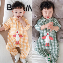 French jacadi baby spring and autumn summer jumpsuit men and women baby plaid cotton climbing suit newborn air conditioning suit