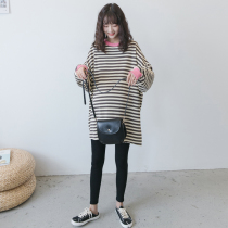 Pregnant women autumn fashion suit Korean version of loose size casual stripe top tide mother long pregnant womens sweater