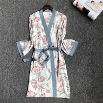 Japanese Pyjamas Womens Summer Thin style Sexy Print Medium Long short sleeves Ice Silk long Sleeping Gown Pyjamas Pyjamas
