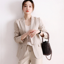 Japanese two buckles three-dimensional slim shape vertical linen blazer coat womens 2021 new casual suit top