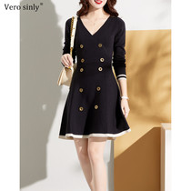 Ms. Vero Sinly light and luxurious knit one-piece dress suit version commuter lady V collar sexy long dress