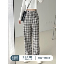 Fine points like to be alone attribute lazy 2021 spring and summer retro high waist hanging straight tube gray and blue plaid pants women