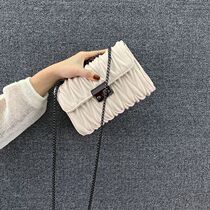 Rice white pleated leather women's bag 2021 new autumn and winter sweet lady fashion Joker slung leather small square bag