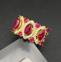 Luxury new piece of red 925 silver plated gold natural ruby ring retro living mouth gift