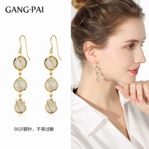 Silver hook 2021 New Tide earrings womens long fashion high feel earrings temperament Jade imitation cats eye stone earrings