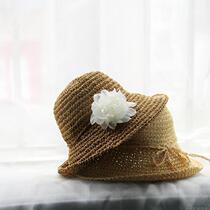 Korean version of childrens straw hat pure hand-woven crochet girl sun hat foldable can be parent-child