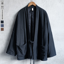 Autumn and winter cotton and linen jacquard velvet thickened retro Taoist robe Hanfu improved trench coat Chinese casual mens coat