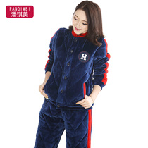 Coral velvet cotton pajamas womens autumn and winter three layers thickened warm plus velvet cardigan can wear home clothes winter suits