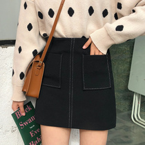 Big code fur half body dress for autumn and winter womens bright line pockets tightness high waist A character black bag hip short skirt fat mm bag dress